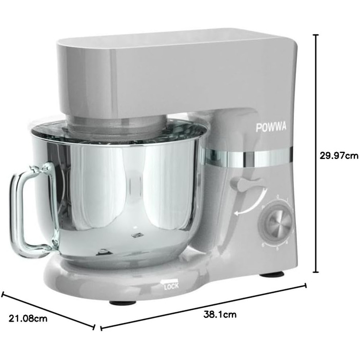 Кухонна машина POWWA 5.5L з 6 швидкостей, 1500W, для замішування тіста, з міксером, гаком для тіста та захистом від бризок (срібна)