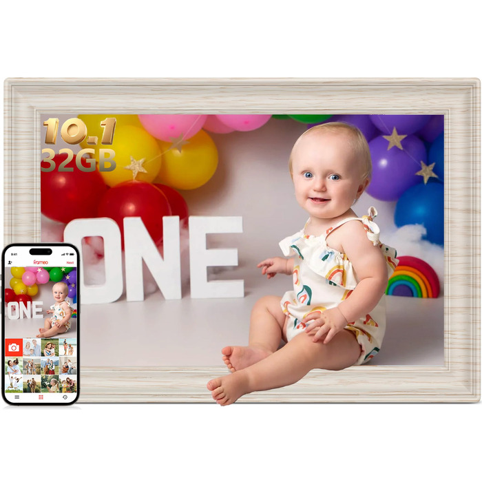 Frameo Цифровий фоторамка 10.1 дюймів, HD 1280*800 IPS сенсорний екран, 32GB пам'ять, автоповорот, Frameo App для обміну фото та відео, білий дерев'яний масив