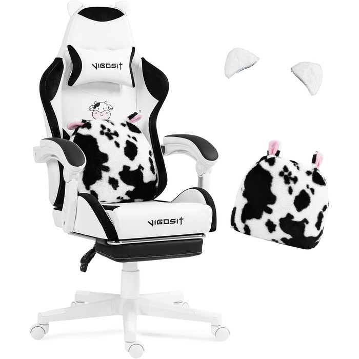 Ігровий крісло з милою формою та подушкою Каваї, ергономічний комп'ютерний ігровий стілець для дівчат з підтримкою попереку та підставкою для ніг, зручне відкидне крісло для підлітків (чорно-білий)
