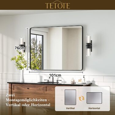 Дзеркало для ванної кімнати TETOTE 40x50 см, прямокутне, з металевим каркасом, з закругленими кутами, для мийки, з загартованого скла (чорний)