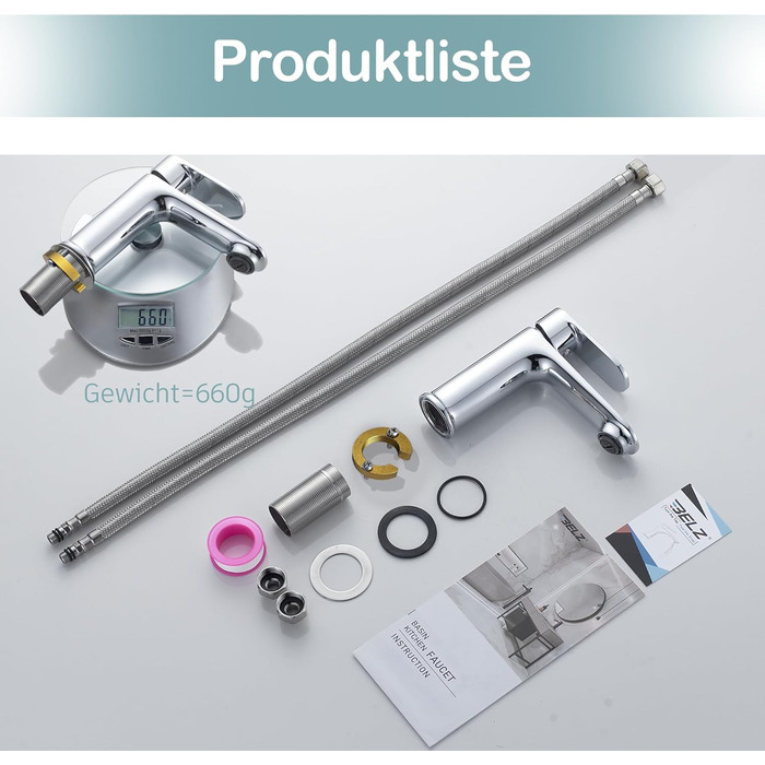 Набір змішувачів для ванної кімнати Belz, латунь, змішувач для раковини з однією отвором, гаряча та холодна вода, сірий (хром)