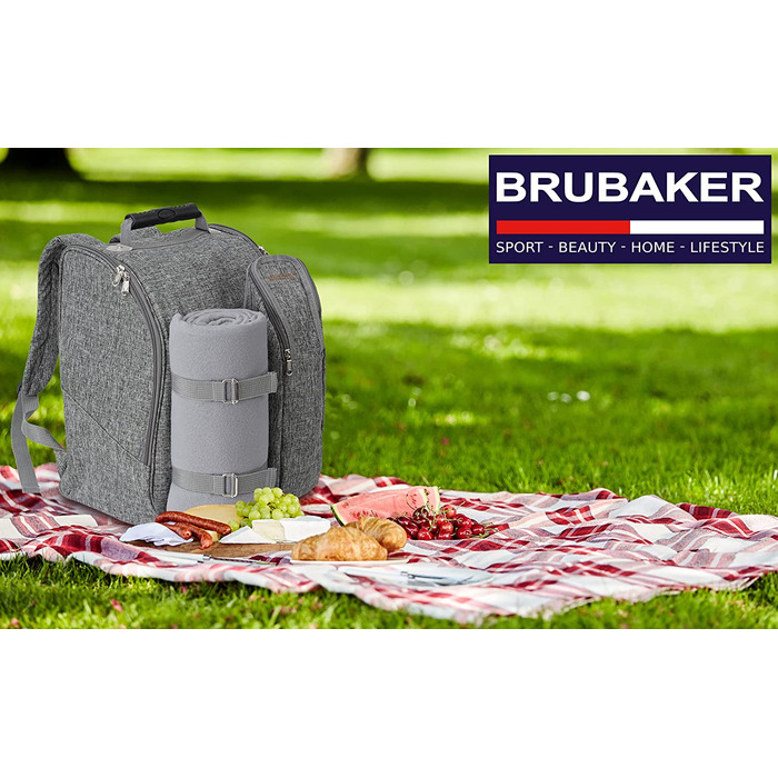 Рюкзак для пікніка на 2 особи BruBaker сірий, 28x40x22 см з термокишенею, ізольованим утримувачем для пляшок та флісовою ковдрою з водонепроникним дном