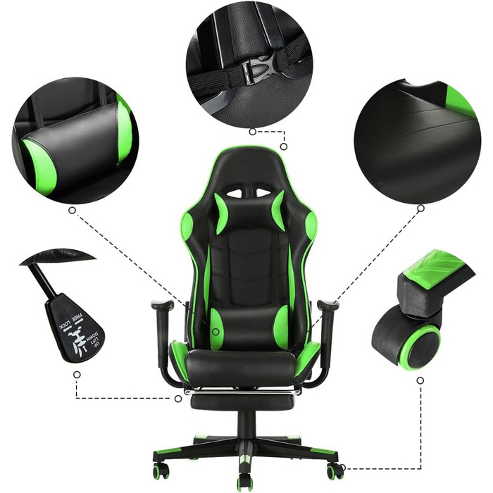 Ігрове крісло Panana Офісне крісло Гоночне крісло з високою спинкою, поворотне з підставкою для ніг і підголівником, вантажопідйомність 150 кг (зелений)