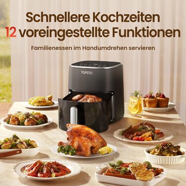 Фритюрниця без олії, 5 л, для 3-5 осіб, ідеальна для любителів м'яса, з регулюванням температури та таймером 24 год, тиха, з антипригарним кошиком та крихкою платформою, зелено-чорна