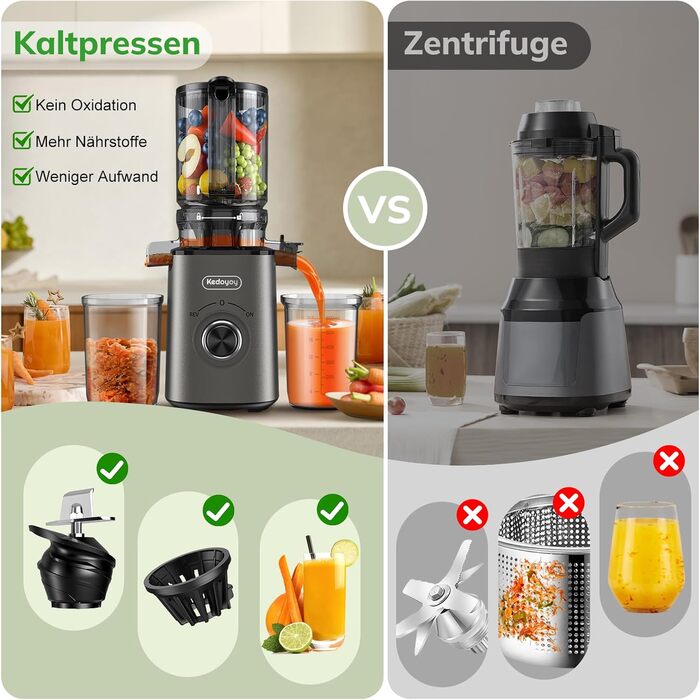 Електричний соковитискач Slow Juicer з великою завантажувальною воронкою 120 мм для цілих овочів та фруктів, об'єм контейнера для соку 600 мл, легке очищення, для сім'ї, фітнесу та здоров'я (сірий)