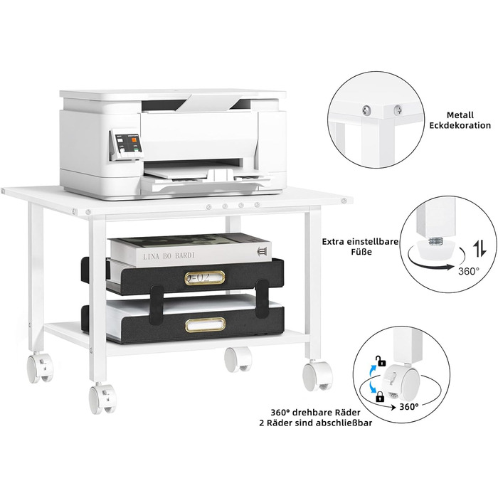 Стіл для принтера LELELINKY з колесами, мобільний двоярусний стійка для принтера, білий, 52.5 x 40 x 36 см