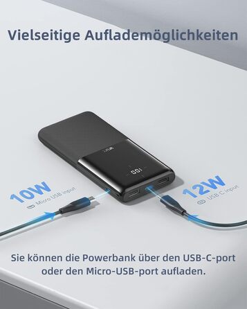 Комплект з 2 шт. , USB C, 2 порти USB, 2.4A, для смартфонів, iPhone, Samsung, чорний, 10000mAh