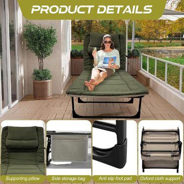 Розкладне кемпінгове ліжко XXL — Широка складана койка-розкладачка з регульованою спинкою для відпочинку, риболовлі та саду, зелена