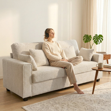 Бежевий тримісний диван з оксамитовою оббивкою 