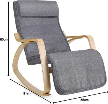 Крісло-гойдалка SONGMICS з березовими підлокітниками, сіро-бежеве, до 150 кг, з регульованою підставкою для ніг, для вітальні та спальні