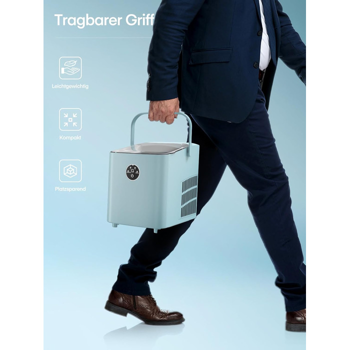 Льодогенератор FOHERE 14 кг/24 год, швидке виробництво льоду (5 хв), 2 розміри кулеподібного льоду, самоочищення, з ручкою, лопаткою та кошиком, для дому, офісу, вечірок (BabyBlue)