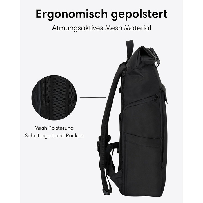 Рюкзак LARKSON для жінок та чоловіків - No 4 Large - Rolltop Backpack 21 л з 16-дюймовим відділенням для ноутбука Uni, Work & Bike - Великий туристичний рюкзак з ремінцем для візка Black