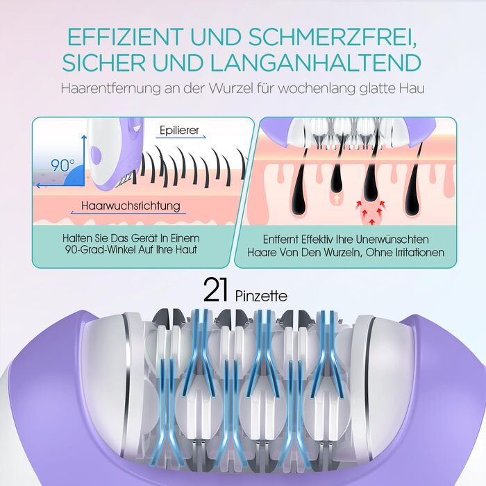 Електричний епілятор для жінок HR110 з LED-підсвіткою, 21 пінцетом та 2 швидкостями, акумуляторний пристрій для видалення волосся на ногах та руках (Фіолетовий)