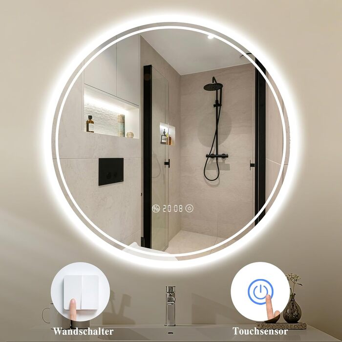 LED дзеркало для ванної кімнати з підсвічуванням 40x60 см - проти запотівання, 3 кольори, регулювання яскравості, подвійний сенсорний вимикач, пам'ять вимкнення, для ванної/туалету - горизонтальний/вертикальний монтаж