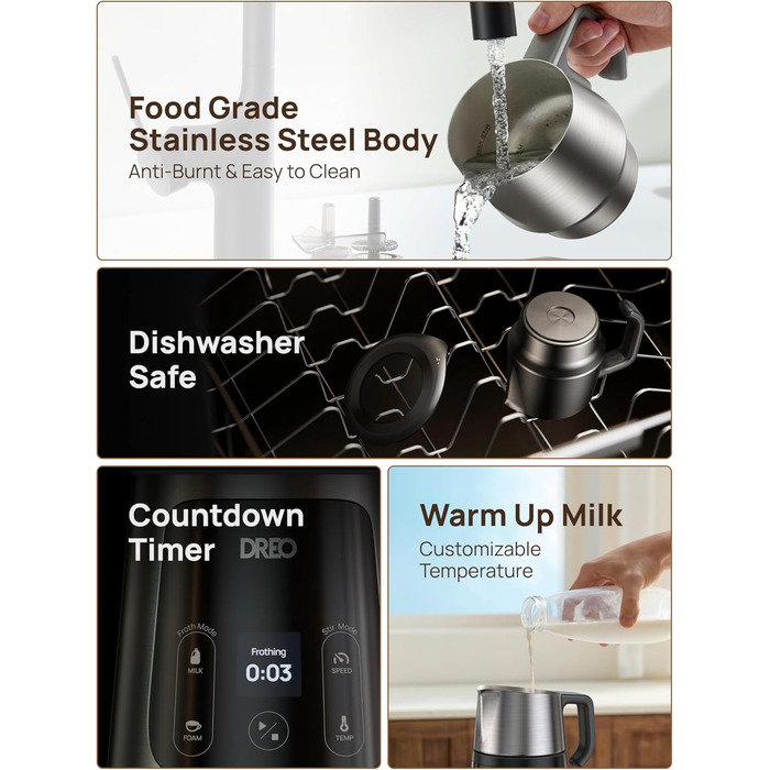 Dreo автоматичний спінювач молока All-in-1: для лате-арту, гарячих/холодних напоїв, 800 мл, електричний, миється в посудомийній машині (сріблястий, чорний)