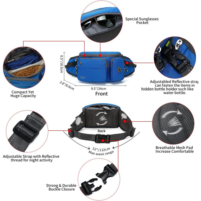 Повідець-банджі TUDEQU 4-В-1 для собак без рук з нульовою амортизацією і багатофункціональної поясний сумкою, повідець 5,8 фута / 178 см з пряжкою автомобільного ременя безпеки і світловідбиваючої різьбленням YBGS BLUE BAG BLUE LEASH