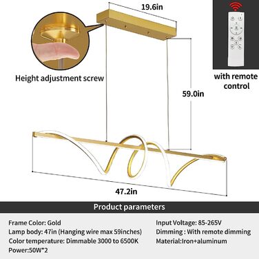 Світлодіодний підвісний світильник Mikeru 48 Вт, 120 см, з можливістю затемнення, пульт дистанційного керування, лампа для їдальні золото, колірна температура. Регульований