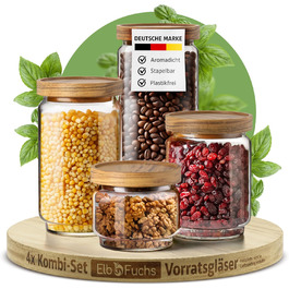 Набір скляних банок для зберігання з кришкою, 4 шт. (300, 500, 700, 1000 мл) | Герметичні, захищені від молі | Для спецій та продуктів харчування