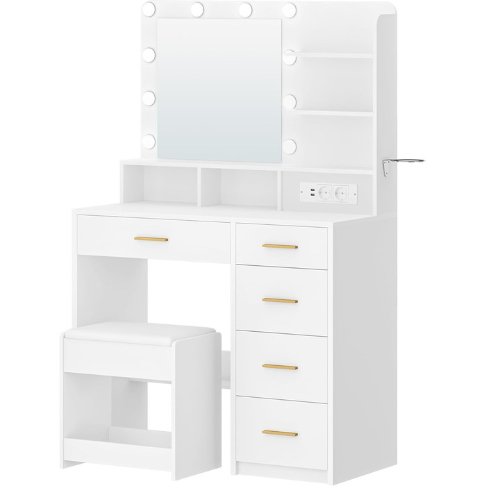 Дзеркальний туалетний столик Hzuaneri з LED-підсвіткою (10 LED), пуфом, великим дзеркалом, тримачем для фену та шухлядами, білий DT39003X
