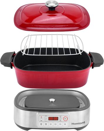 Мультиварка Homtone 6-в-1, 5.5L з керамічним покриттям, червона. Повільне приготування, смаження, варіння на пару