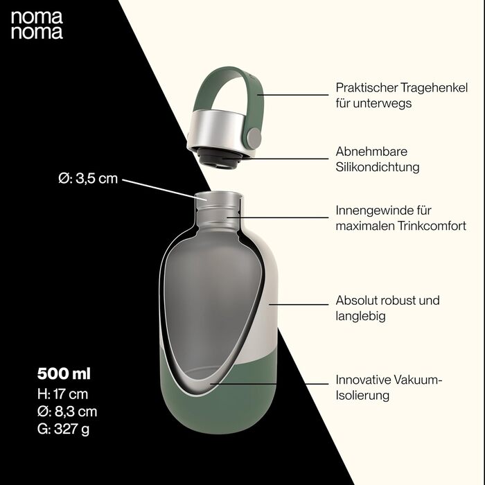 Пляшка для пиття noma noma ізольована пляшка з нержавіючої сталі 500 мл герметична пляшка-термос 500 мл, 750 мл і 1 л вакуумна пляшка для вуглекислого газу кліматично нейтральна та без бісфенолу А Smoothie Green 500 мл Smoothie Green