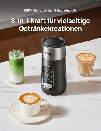 Електричний спінювач молока Dreo 8-в-1 для лате-арту, 270 мл, з підігрівом, LED, чорний