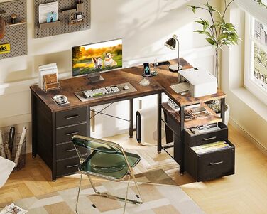 Комп'ютерний стіл Coleshome L-подібний з висувними ящиками з тканини, USB-роз'ємом та розеткою, для дому та офісу (Колір: Коричневий, 140x70 см)