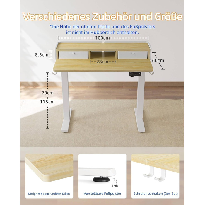 Електричний стіл YIHAYO з ящиками та підставкою для монітора 120x60 см, стіл для стоячи роботи з функцією пам'яті, Natural White (білий каркас/натуральна поверхня)