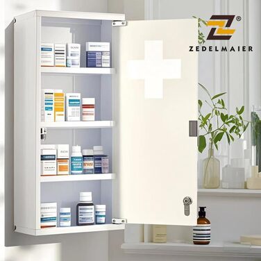 Медичний шкаф Zedelmaier з нержавіючої сталі, 4 відділення, для зберігання ліків, з замком, 57 x 27 x 12 см, білий