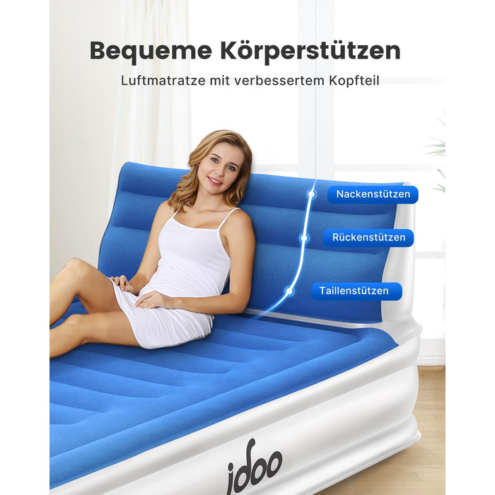 Надувний матрац iDOO з узголів'ям, двоспальне надувне ліжко з вбудованим електричним насосом, комфортне надувне ліжко, самонадувний надувний матрац для гостей