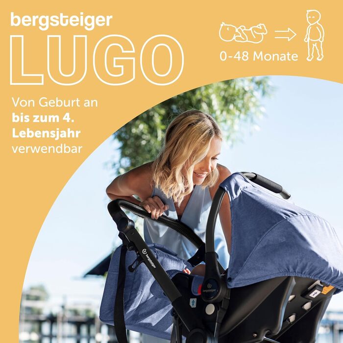 Дитяча коляска Bergsteiger Lugo 3в1 | Комплект: люлька, прогулянковий блок, автокрісло | Isofix база (синій)