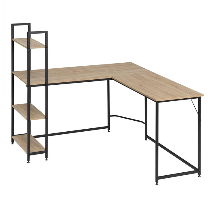 Кутовий письмовий стіл, Г-подібний комп'ютерний стіл, Кутовий стіл, Письмовий стіл з 4 полицями 138x50 см і 80x50 см, Робочий стіл для промислового дизайну для домашнього офісу, TSB147hei