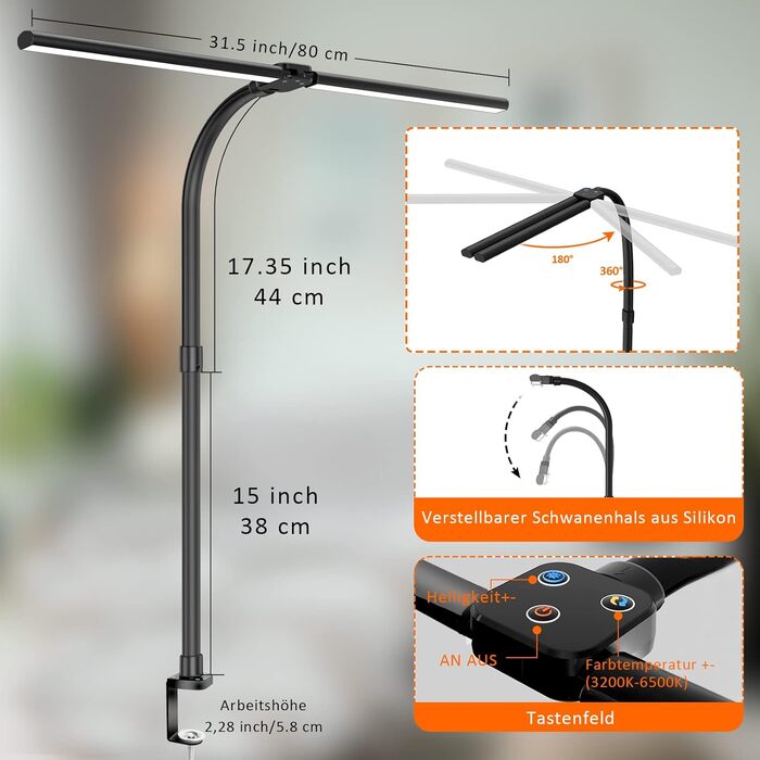 LED настільна лампа LOTTBUTY з гнушим шийкою, 24W, 80см, для офісу та дому, регулювання яскравості, денне світло, чорний колір