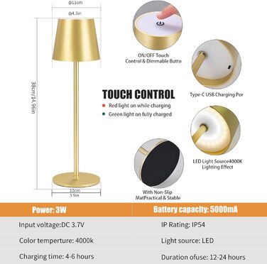 LED-лампа Zoeger: 2 шт., диммування, акумулятор, бездротова, тепле світло 3000K, USB-C, алюміній, IP54, золота