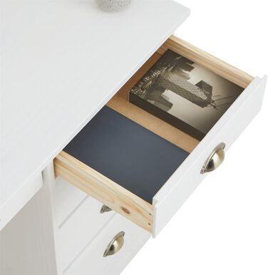 Письмовий стіл IDIMEX Lana з масиву сосни в білому кольорі, красивий комп'ютерний стіл з 5 висувними ящиками, практичний офісний стіл з ручками-черепашками