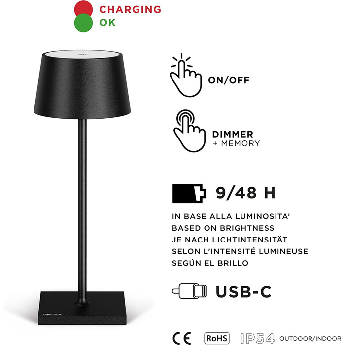 Стильна LED-лампа Stilosa на акумуляторі - бездротова торшерна лампа з датчиком дотику, регулюванням яскравості, USB-C зарядка, для дому та на вулицю (чорний, квадратна база 30 см)