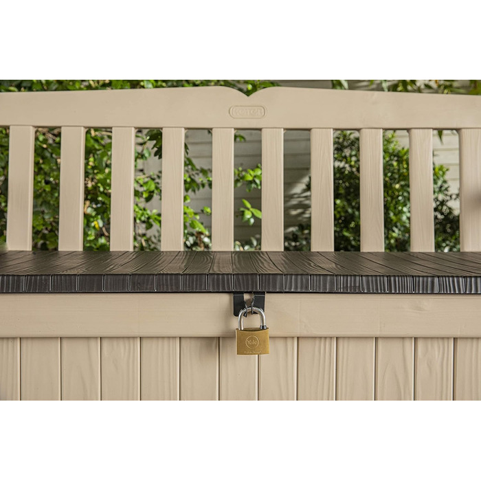 Стілець-лавка Keter Eden для балкона та саду, садовий стілець з вбудованою коробкою для зберігання з об'ємом 265 л, 140x60x84 см, вологостійкий, легкий у догляді, бежевий, для вулиці, з імітацією дерева