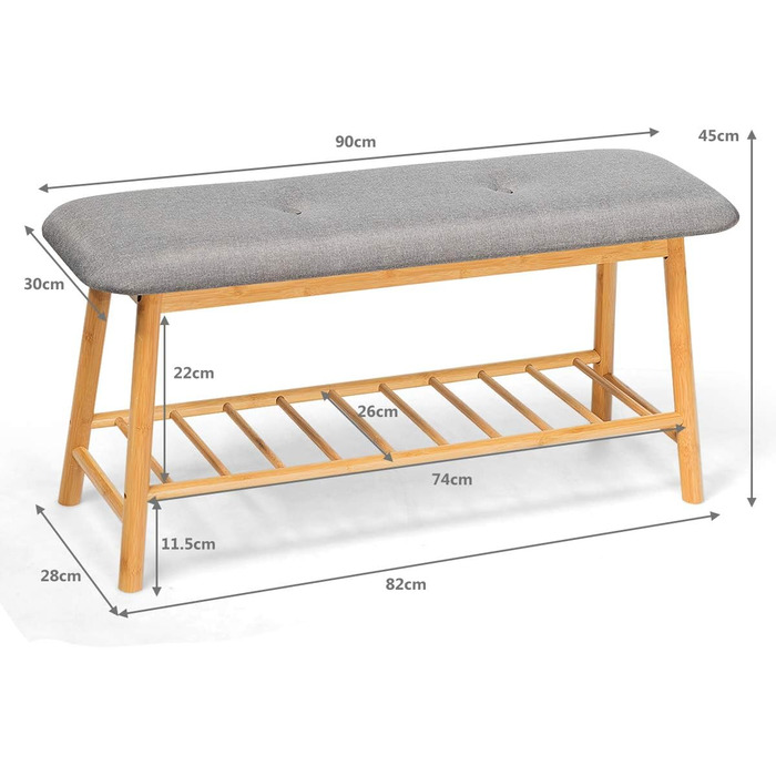 Лавка для взуття COSTWAY з подушкою для сидіння, 2 рівні полиці для взуття, бамбукова лавка, тумба для взуття, м'яка лавка для вхідної зони (M)