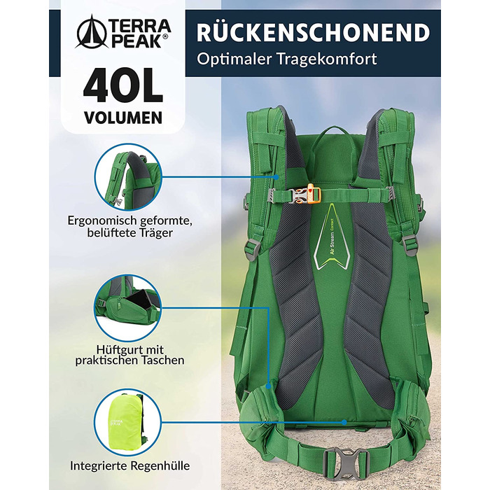 Похідний рюкзак Terra Peak 40L Flex 40 преміум великий, з вентиляцією для спини, гідратаційної системою і чохлом від дощу-похідний рюкзак з поліестеру з дихаючої 3D повітряної сіткою-Рюкзак для активного відпочинку на відкритому повітрі з поясним ременем 
