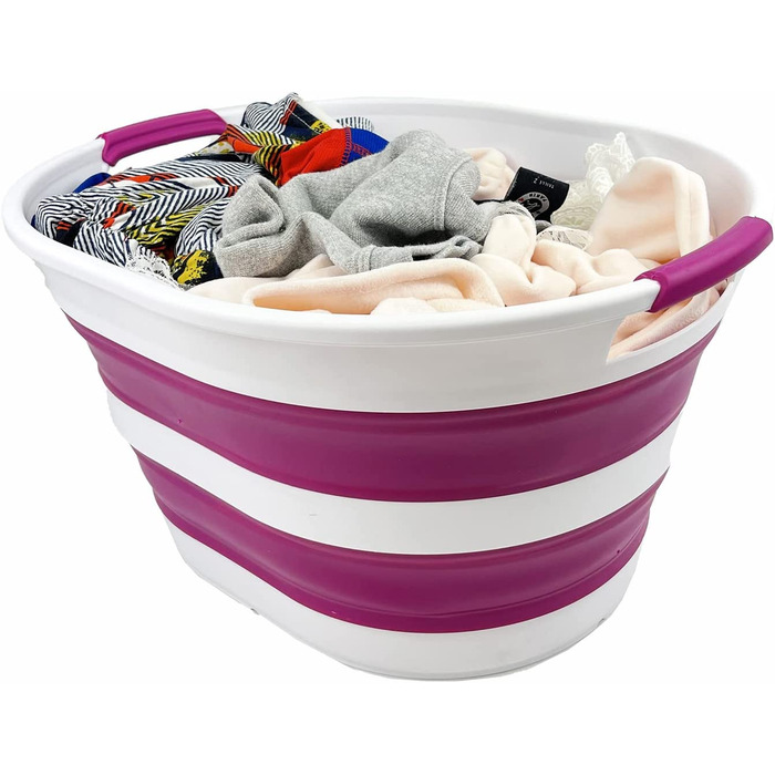 Складна Пластикова корзина для білизни SAMMART об'ємом 23 л, овальна ванна / кошик-складаний контейнер для зберігання / органайзер-переносна раковина для прання-компактна корзина для білизни (1, Білий / Фіолетовий)