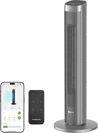 Турбовентилятор Leiser з осциляцією 90°, пульт дистанційного керування та Wi-Fi, 4 швидкості та 4 режими, таймер 12 годин, сірий, 91 см