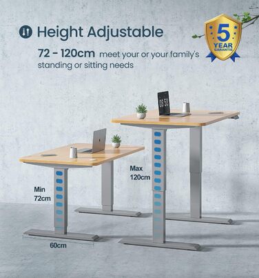 Регульований за висотою електричний стіл MAIDeSITe з 2 моторами, пам'ятью та захистом від зіткнень (72-120 см, сірий)