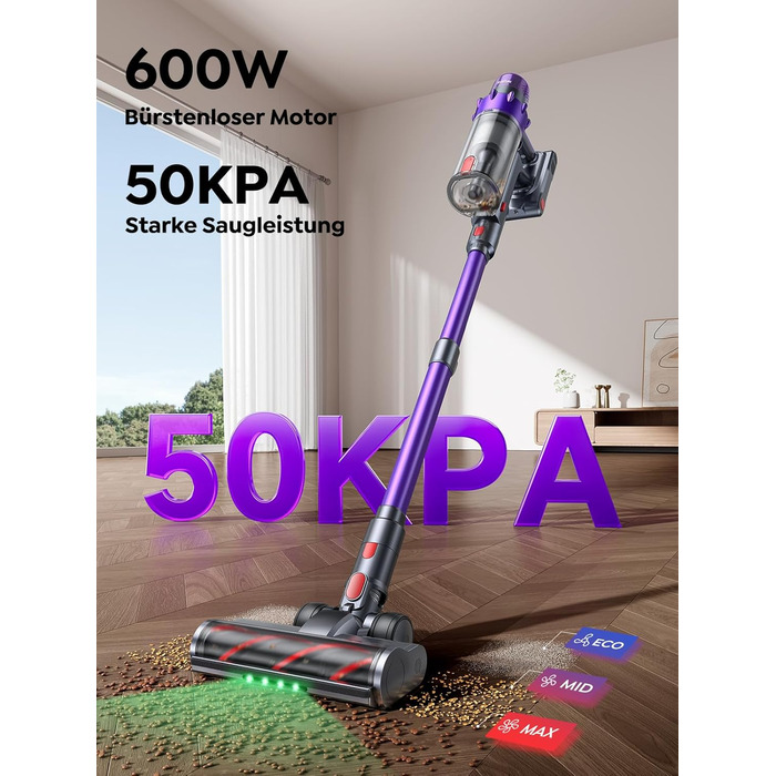 Акумуляторний пилосос SMOTURE 50000 Па, 65 хв роботи, з турбощіткою, для шерсті тварин, килимів, підлоги, авто - фіолетовий