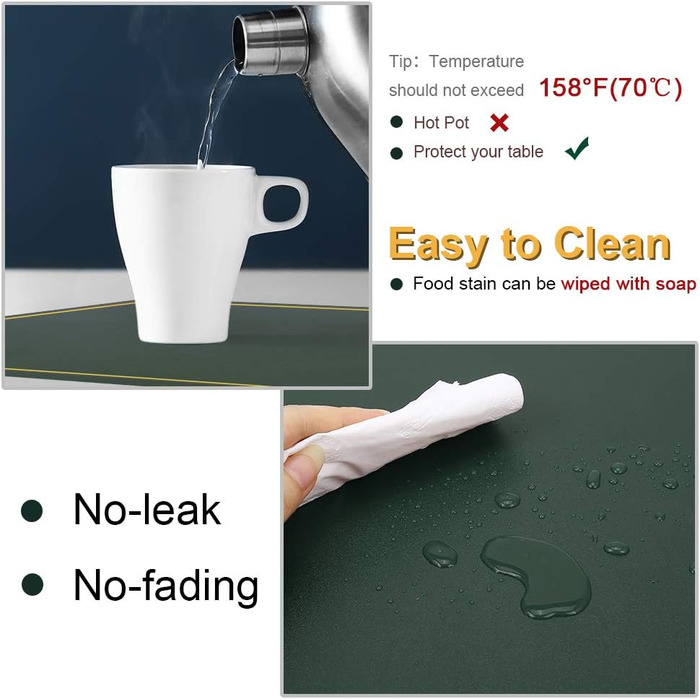 Зелені серветки на стіл, PU-шкіра, набір 6 шт, миючі, водонепроникні, антиковзні, для кухні та святкування