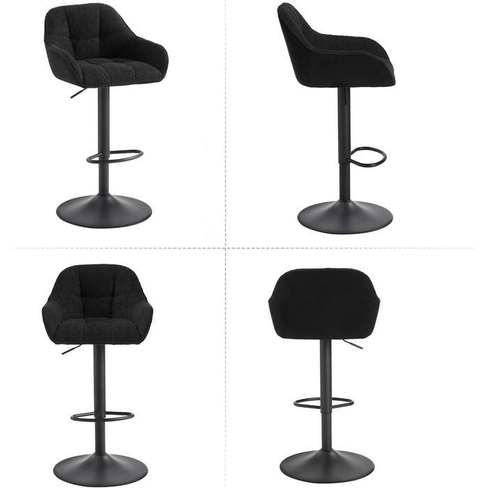 Набір з 2 барних стільців WOLTU, регульована висота, з підніжкою, обертаються, з м'яким сидінням, чорний, метал, Chenille Cord