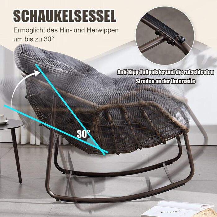 Крісло-гойдалка LIFEISLE з ротангу, для вітальні, балкону, саду, внутрішнє та зовнішнє використання, крісло-яйце, Cord White (тканина Cord, сірий)