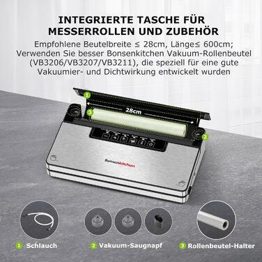 Вакууматор Bonsenkitchen для продуктів, потужний вакуумний пакувальник з 5 режимами, 8 л/хв, сріблястий (комплект: 5 пакетів та 1 рулон)