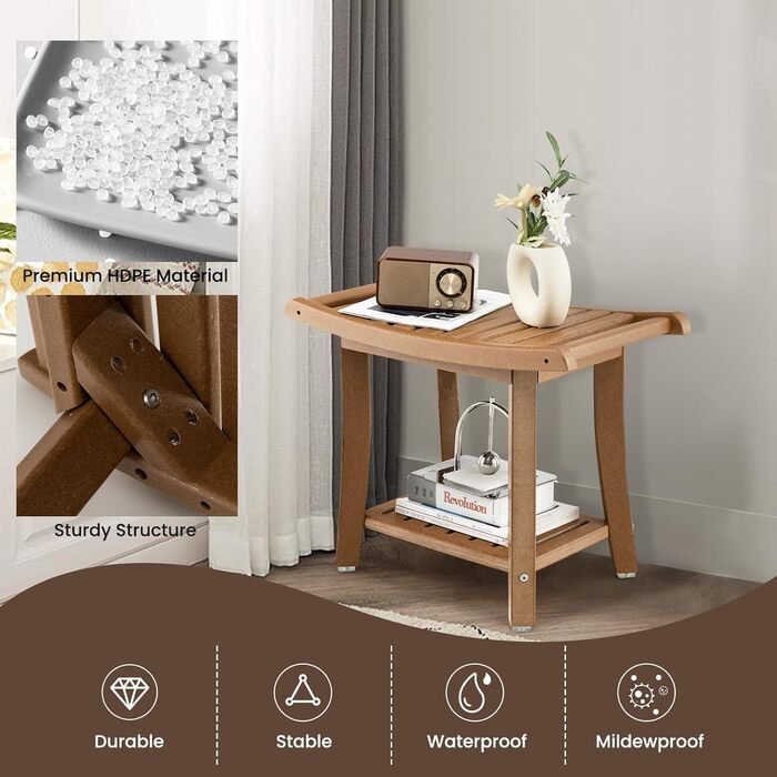 Двомісний стілець для душу HOMASIS з полицею, витримує до 170 кг, з HDPE, з 2 ручками та антиковзними накладками, для літніх людей та дорослих (колір: коричневий)