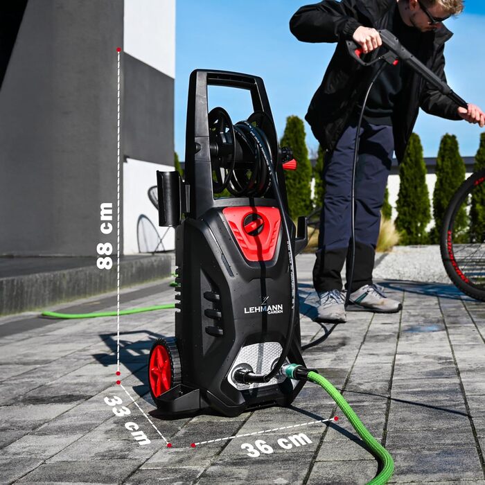Високотискний мийник LEHMANN Hudson з алюмінієвим насосом, 1800 Вт, макс. 220 бар, продуктивність 450 л/год, комплектація: щітка для тераси, піногенератор, щітка для дисків, ідеальний для миття автомобілів