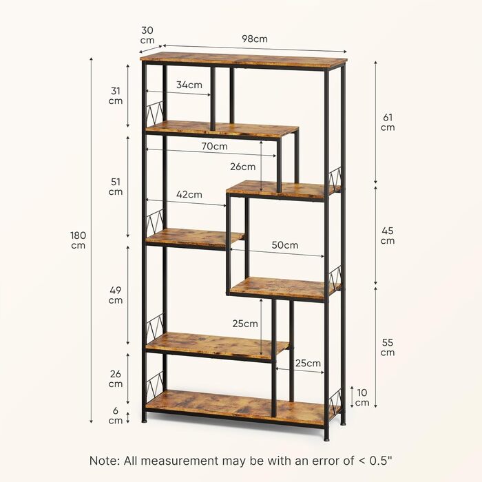 Стильна полиця Bealife для книг, 5 ярусів, 98 x 30 x 180 см, для вітальні, офісу, робочого кабінету, в стилі ретро, індустріальний дизайн